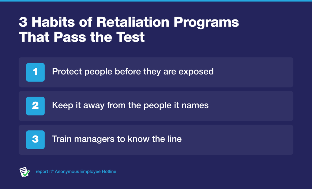 A report it® graphic listing 3 habits of retaliation programs that pass the test for employee retaliation protection: protect people before they are exposed, keep it away from the people it names, and train managers to know the line.